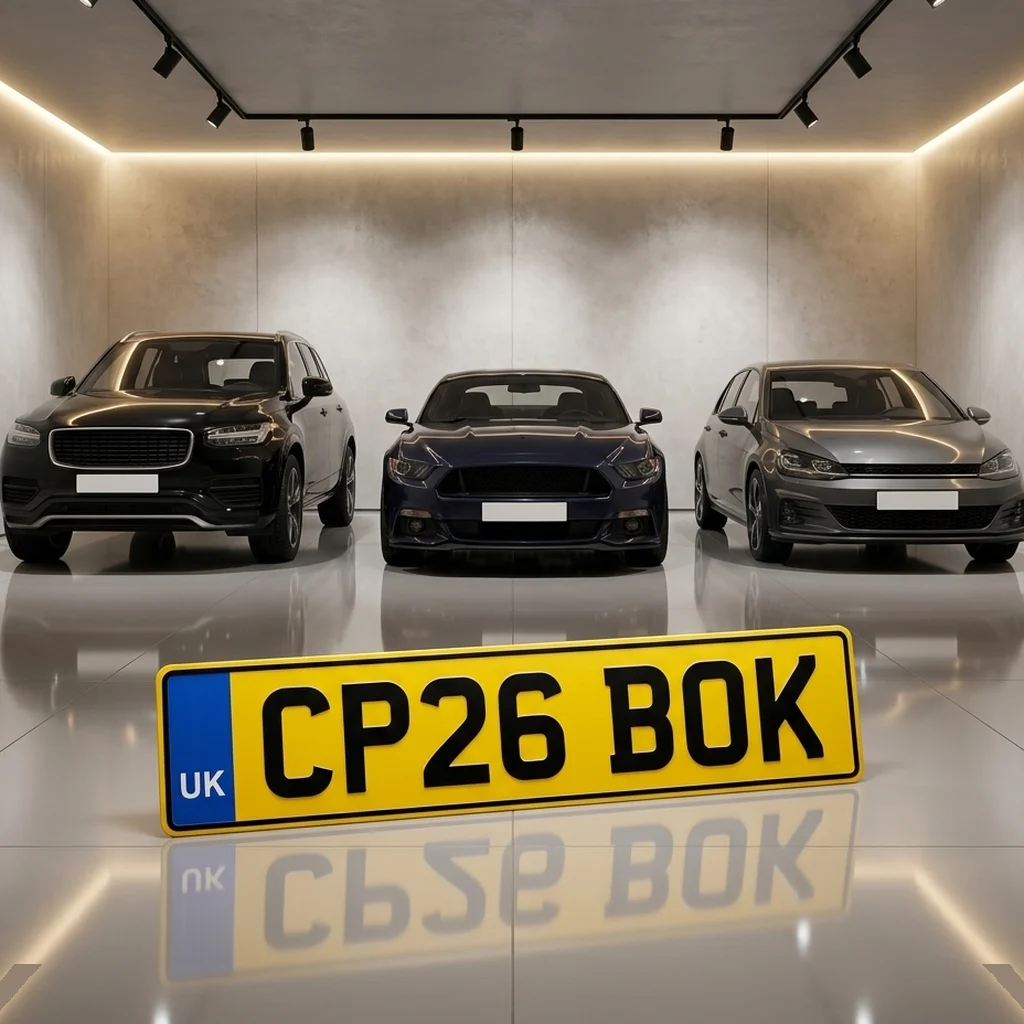 A private garage with three cars and a yellow UK number plate